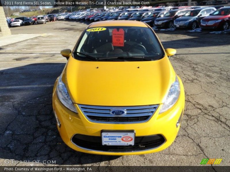 Yellow Blaze Metallic Tri-Coat / Charcoal Black/Blue Cloth 2011 Ford Fiesta SEL Sedan
