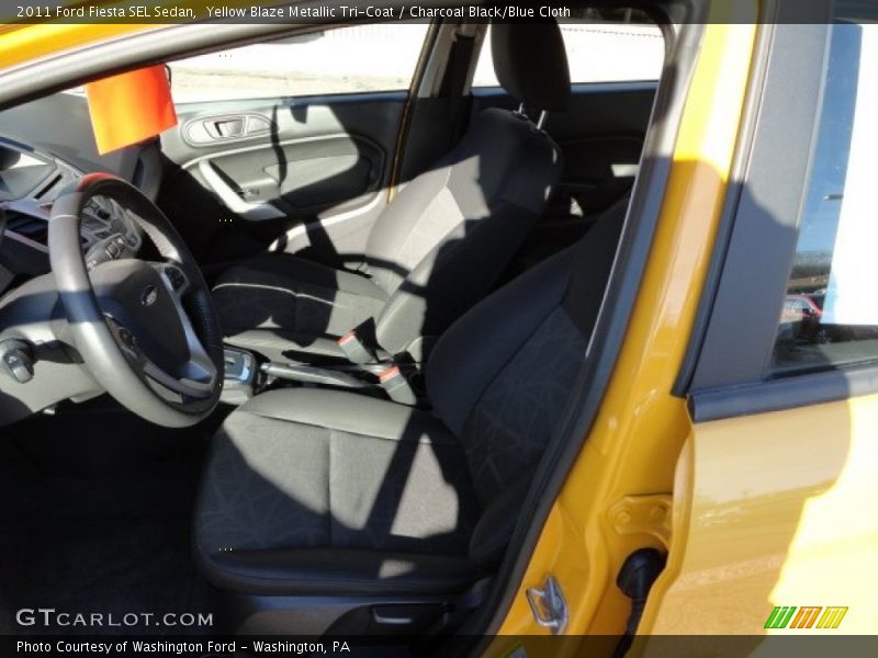 Yellow Blaze Metallic Tri-Coat / Charcoal Black/Blue Cloth 2011 Ford Fiesta SEL Sedan