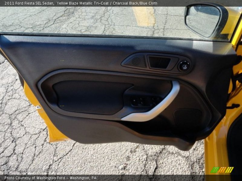 Yellow Blaze Metallic Tri-Coat / Charcoal Black/Blue Cloth 2011 Ford Fiesta SEL Sedan