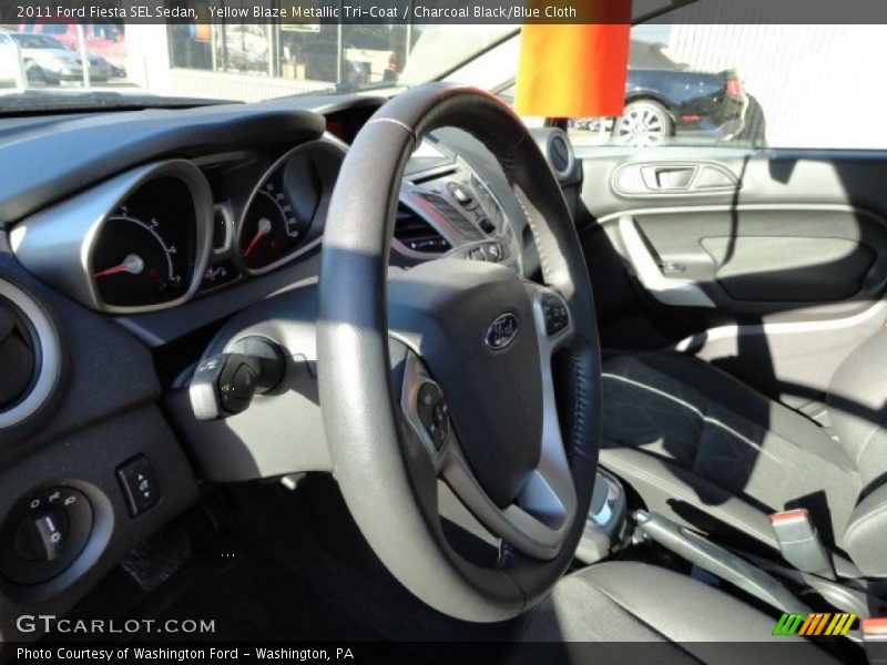 Yellow Blaze Metallic Tri-Coat / Charcoal Black/Blue Cloth 2011 Ford Fiesta SEL Sedan