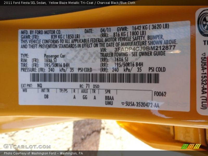 2011 Fiesta SEL Sedan Yellow Blaze Metallic Tri-Coat Color Code NQ