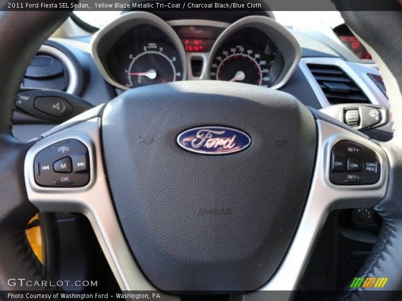 Yellow Blaze Metallic Tri-Coat / Charcoal Black/Blue Cloth 2011 Ford Fiesta SEL Sedan