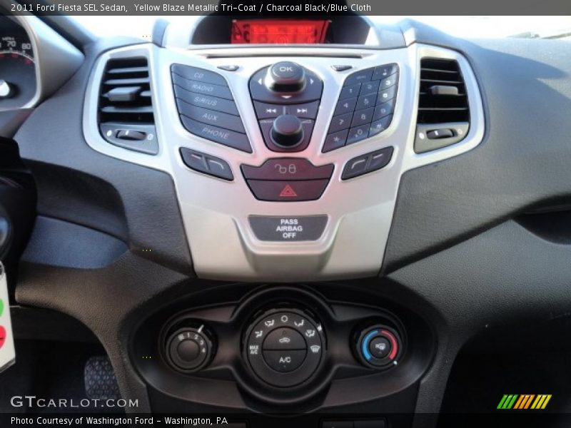 Yellow Blaze Metallic Tri-Coat / Charcoal Black/Blue Cloth 2011 Ford Fiesta SEL Sedan
