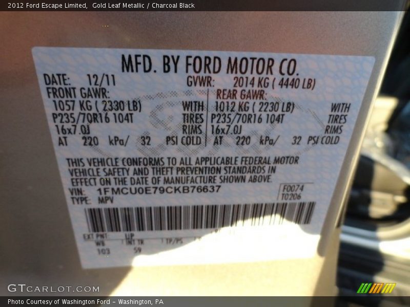 Gold Leaf Metallic / Charcoal Black 2012 Ford Escape Limited