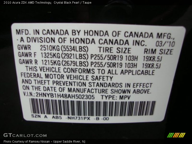 2010 ZDX AWD Technology Crystal Black Pearl Color Code NH731PX