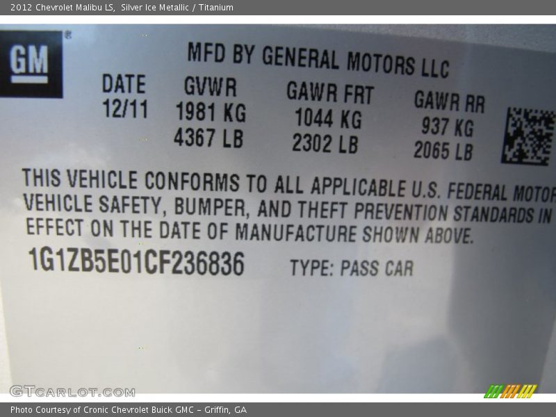 Silver Ice Metallic / Titanium 2012 Chevrolet Malibu LS