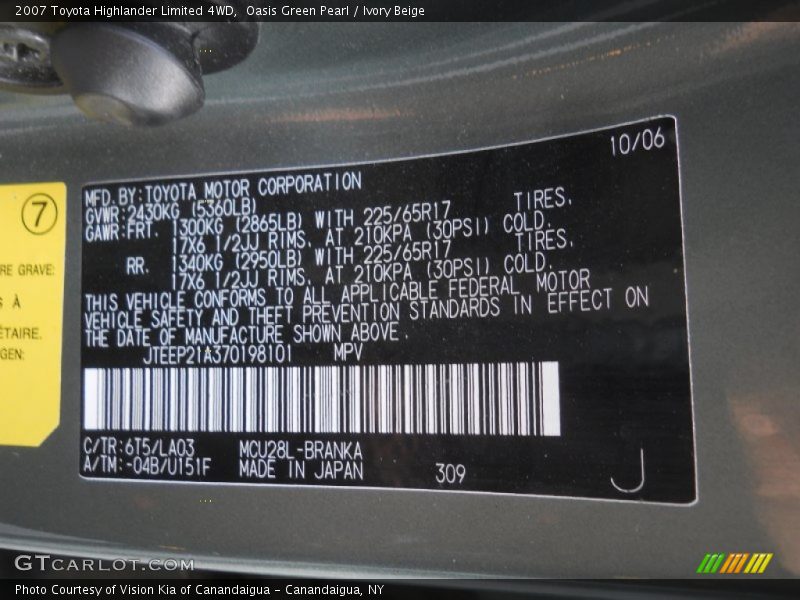 Oasis Green Pearl / Ivory Beige 2007 Toyota Highlander Limited 4WD
