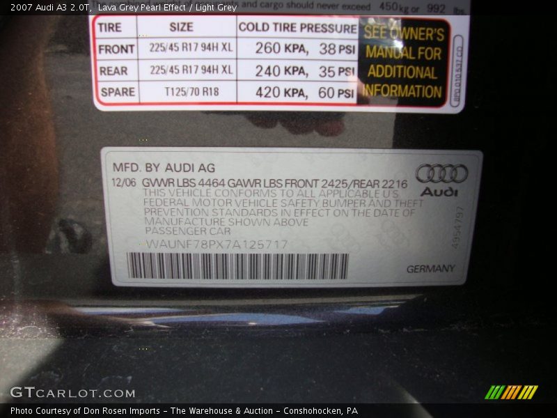 Lava Grey Pearl Effect / Light Grey 2007 Audi A3 2.0T