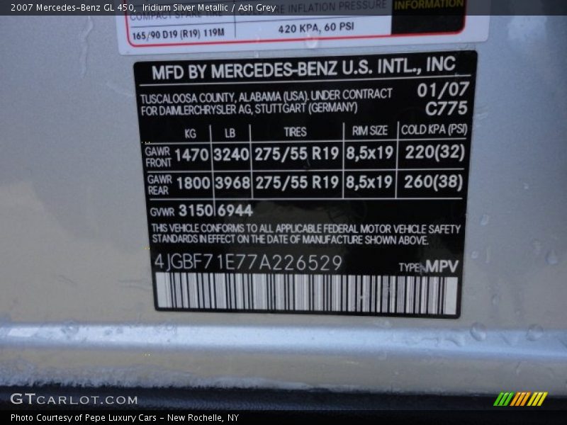 2007 GL 450 Iridium Silver Metallic Color Code 775