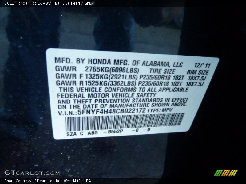 2012 Pilot EX 4WD Bali Blue Pearl Color Code B552P