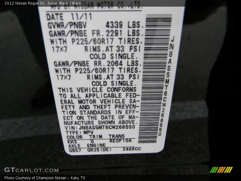 Super Black / Black 2012 Nissan Rogue SV
