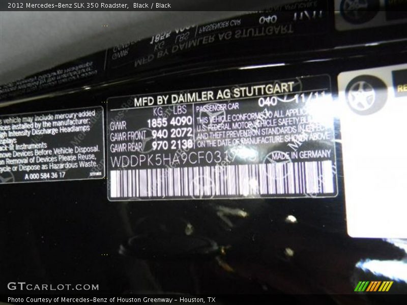 Black / Black 2012 Mercedes-Benz SLK 350 Roadster
