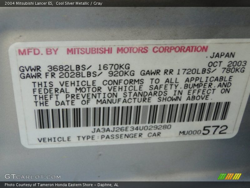 Cool Silver Metallic / Gray 2004 Mitsubishi Lancer ES