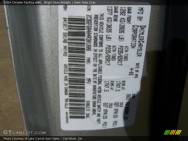 Bright Silver Metallic / Dark Slate Gray 2004 Chrysler Pacifica AWD