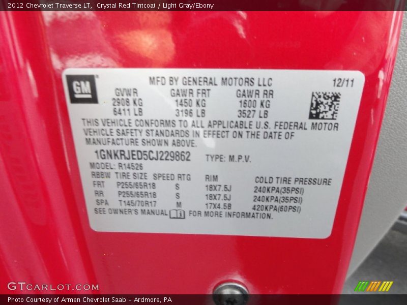 Crystal Red Tintcoat / Light Gray/Ebony 2012 Chevrolet Traverse LT