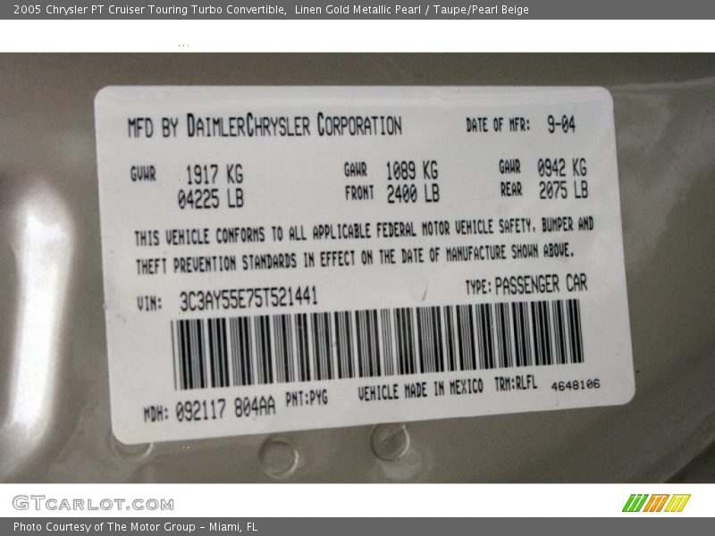 2005 PT Cruiser Touring Turbo Convertible Linen Gold Metallic Pearl Color Code PYG