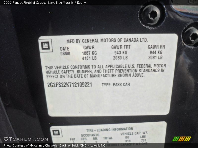 Navy Blue Metallic / Ebony 2001 Pontiac Firebird Coupe