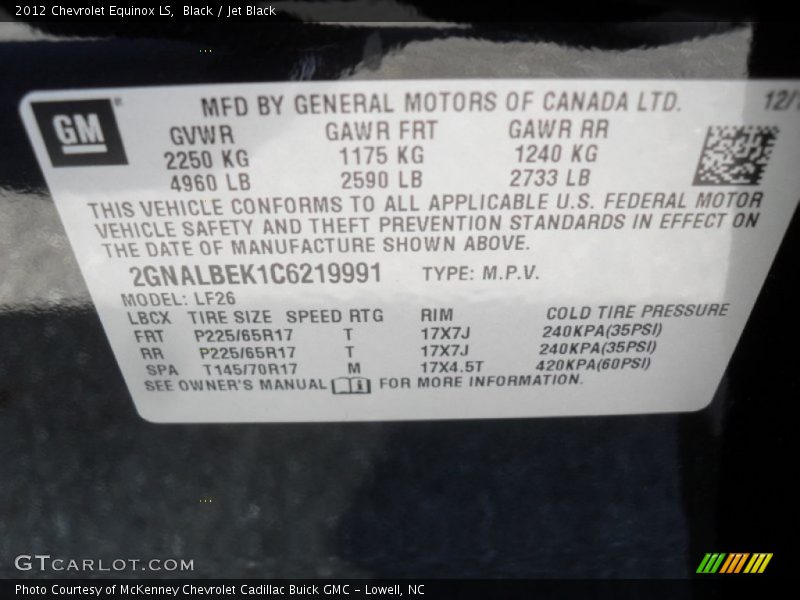 Black / Jet Black 2012 Chevrolet Equinox LS