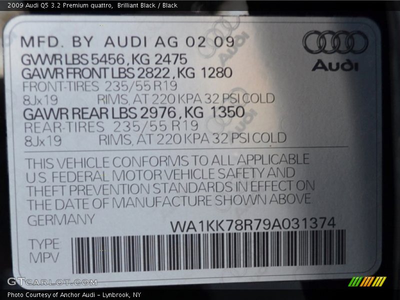 Brilliant Black / Black 2009 Audi Q5 3.2 Premium quattro