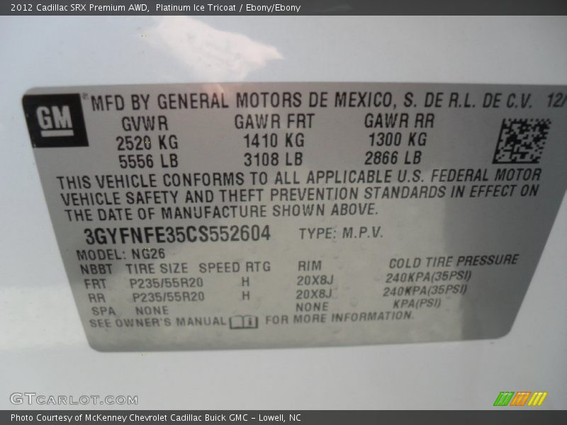 Platinum Ice Tricoat / Ebony/Ebony 2012 Cadillac SRX Premium AWD