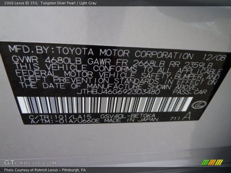 Tungsten Silver Pearl / Light Gray 2009 Lexus ES 350