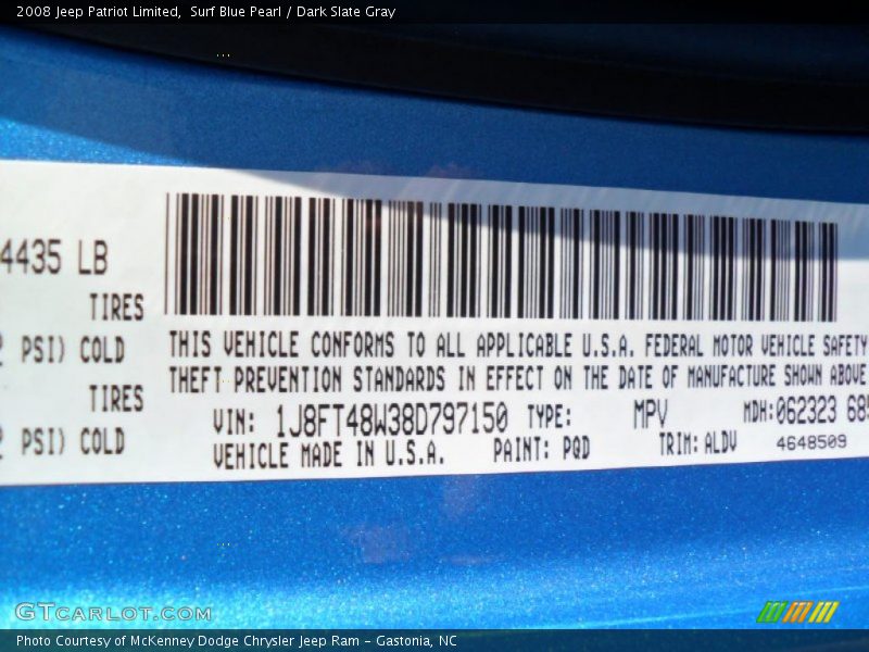 Surf Blue Pearl / Dark Slate Gray 2008 Jeep Patriot Limited
