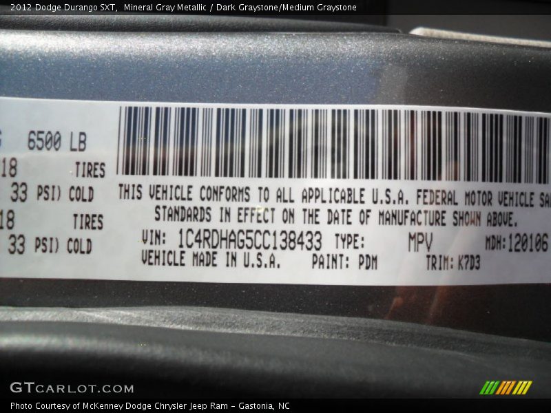 2012 Durango SXT Mineral Gray Metallic Color Code PDM