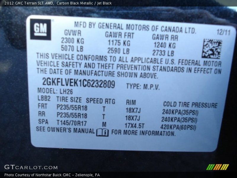 Carbon Black Metallic / Jet Black 2012 GMC Terrain SLT AWD