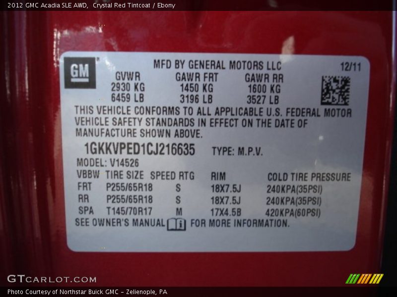 Crystal Red Tintcoat / Ebony 2012 GMC Acadia SLE AWD