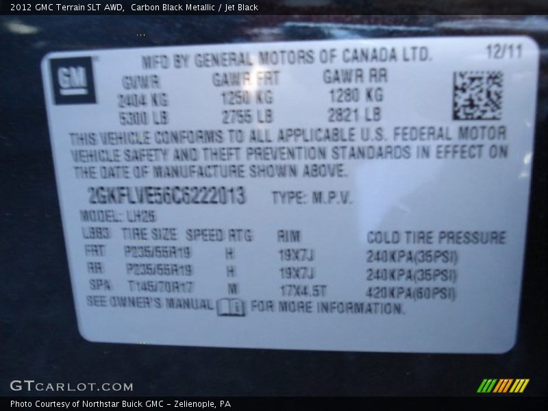 Carbon Black Metallic / Jet Black 2012 GMC Terrain SLT AWD
