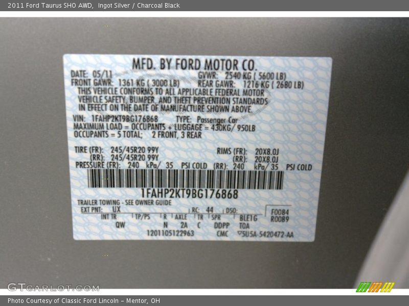 2011 Taurus SHO AWD Ingot Silver Color Code UX