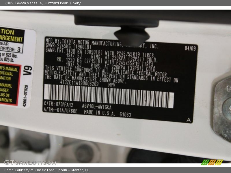 Blizzard Pearl / Ivory 2009 Toyota Venza I4