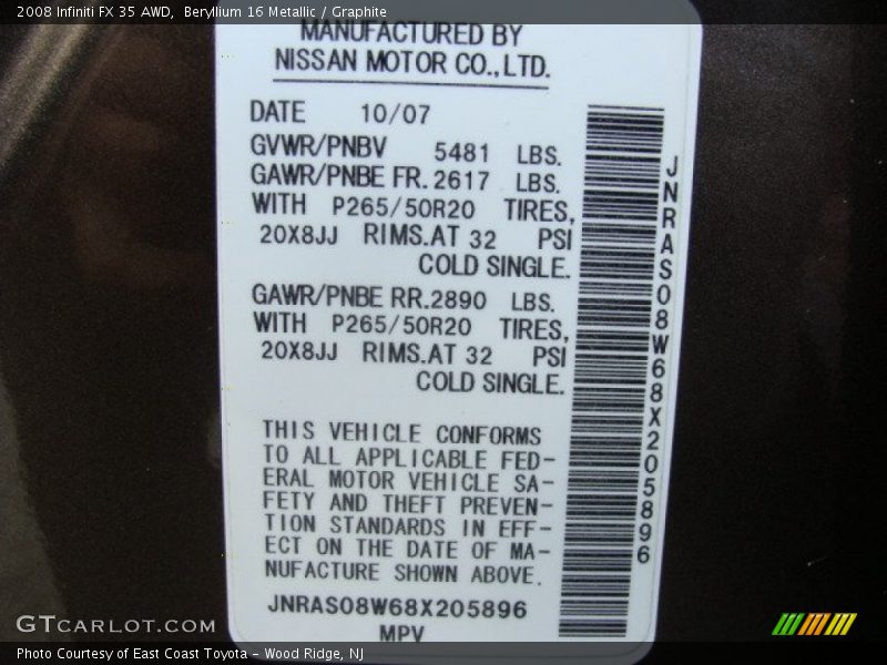 Beryllium 16 Metallic / Graphite 2008 Infiniti FX 35 AWD