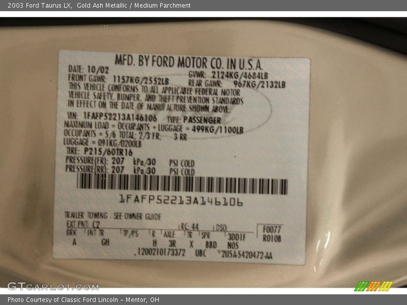 2003 Taurus LX Gold Ash Metallic Color Code C2