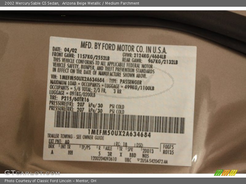 Arizona Beige Metallic / Medium Parchment 2002 Mercury Sable GS Sedan
