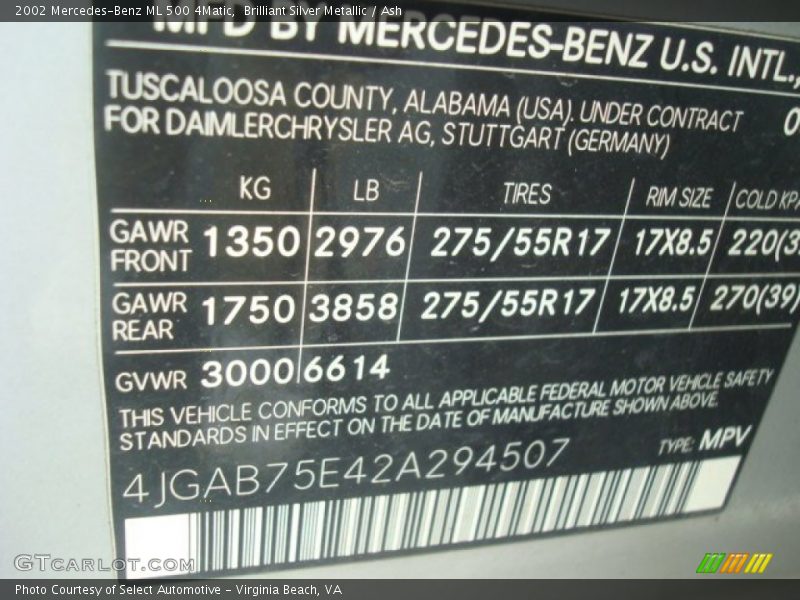 Brilliant Silver Metallic / Ash 2002 Mercedes-Benz ML 500 4Matic