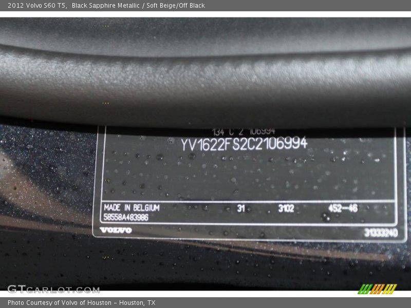 Black Sapphire Metallic / Soft Beige/Off Black 2012 Volvo S60 T5