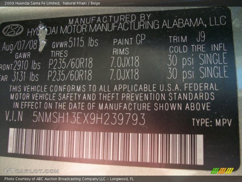 Natural Khaki / Beige 2009 Hyundai Santa Fe Limited
