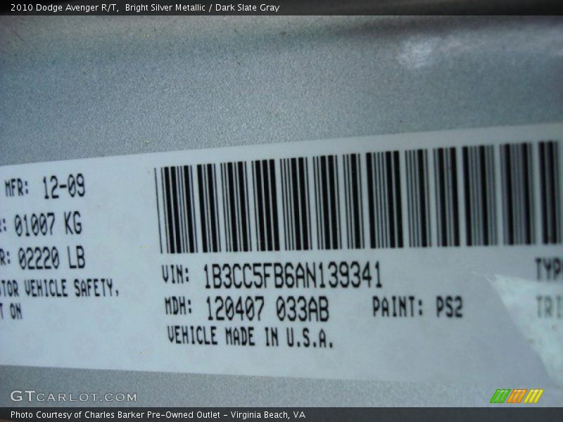 Bright Silver Metallic / Dark Slate Gray 2010 Dodge Avenger R/T
