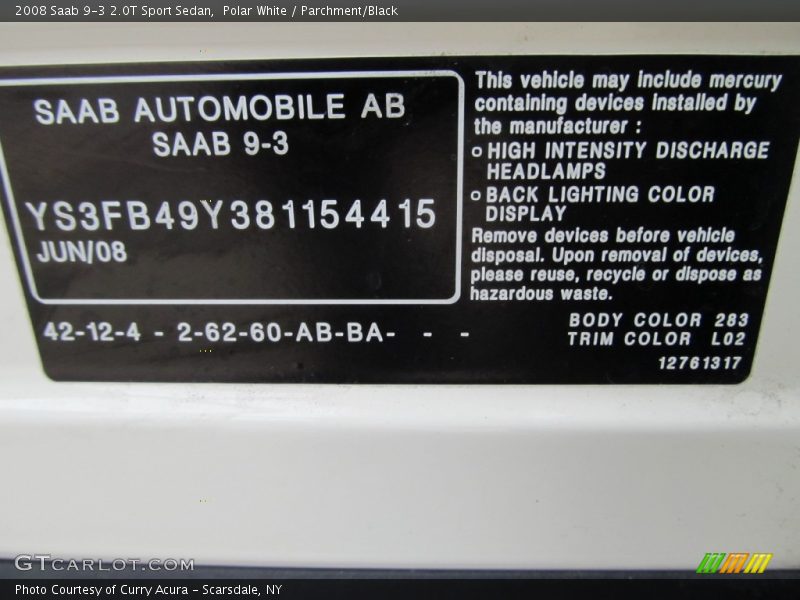 Polar White / Parchment/Black 2008 Saab 9-3 2.0T Sport Sedan
