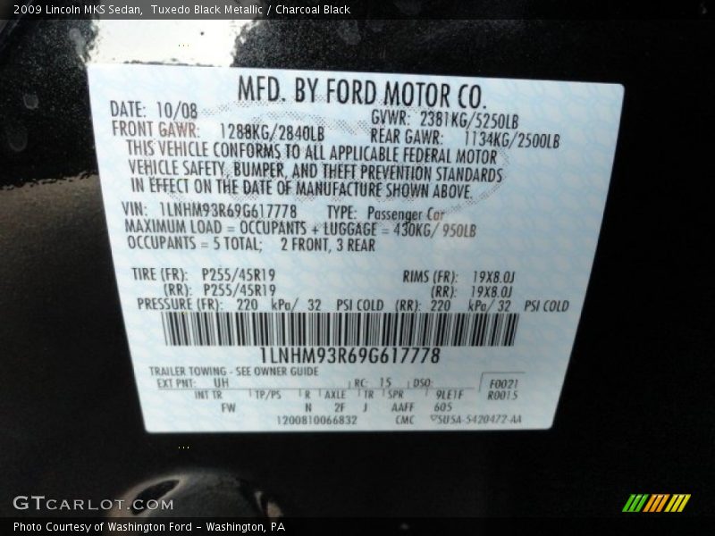 Tuxedo Black Metallic / Charcoal Black 2009 Lincoln MKS Sedan