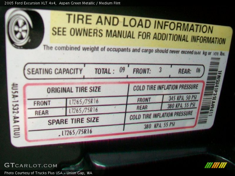 Info Tag of 2005 Excursion XLT 4x4