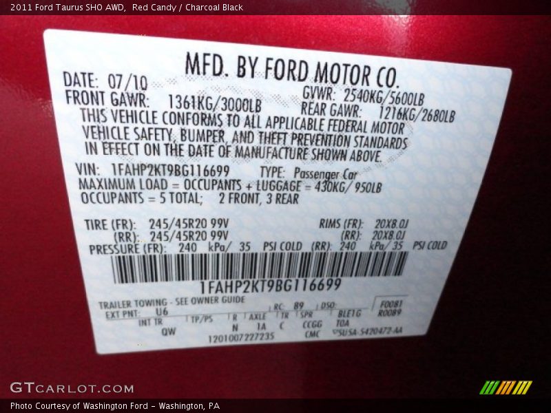 2011 Taurus SHO AWD Red Candy Color Code U6