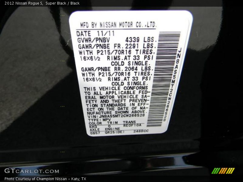 Super Black / Black 2012 Nissan Rogue S