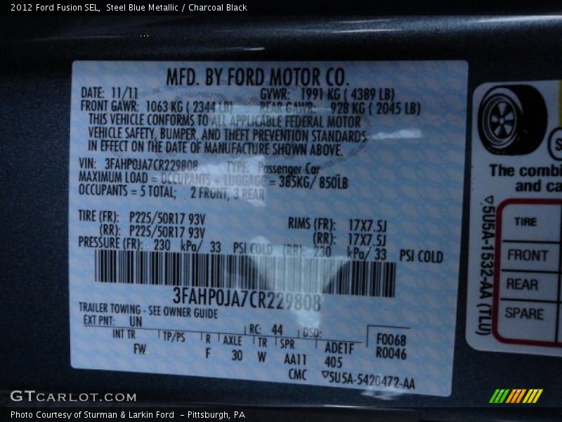 Steel Blue Metallic / Charcoal Black 2012 Ford Fusion SEL