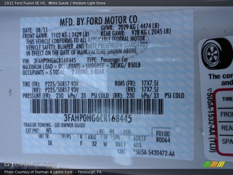 White Suede / Medium Light Stone 2012 Ford Fusion SE V6