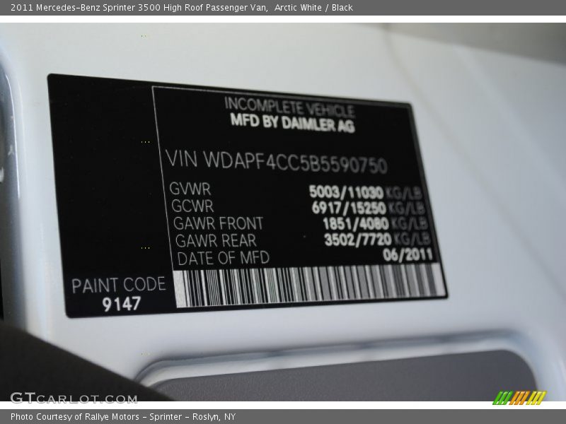 2011 Sprinter 3500 High Roof Passenger Van Arctic White Color Code 9147