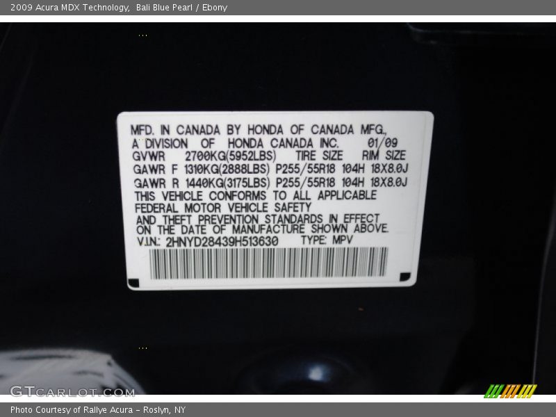 Bali Blue Pearl / Ebony 2009 Acura MDX Technology