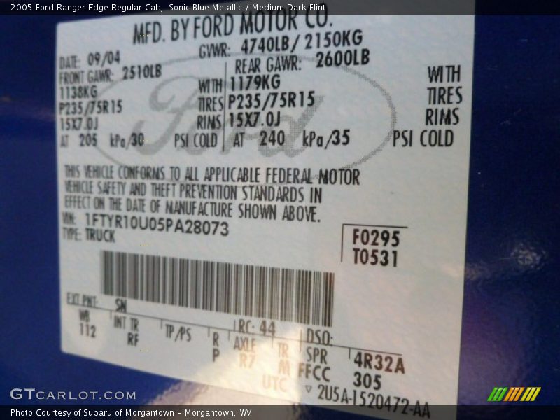 2005 Ranger Edge Regular Cab Sonic Blue Metallic Color Code SN