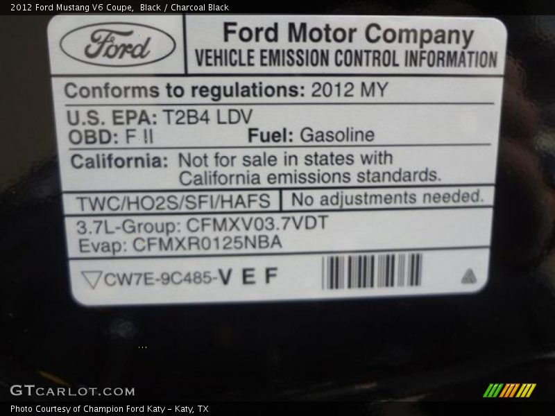 Black / Charcoal Black 2012 Ford Mustang V6 Coupe